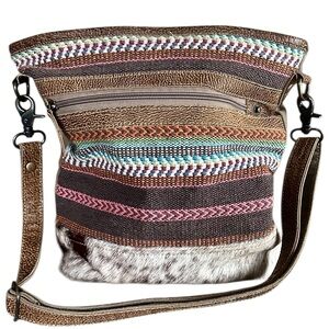 Myra Bag Multicolor Crossbody Purse Tweed Leather Cowhide Boho Style Canvas Back